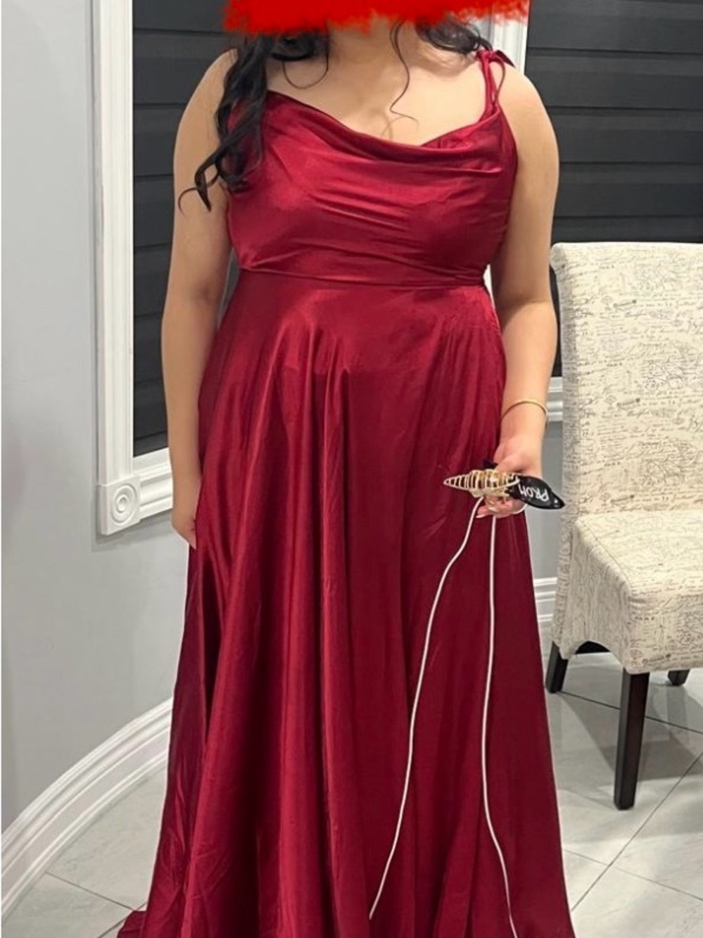Red Satin Cowl-Neck Long Dress with Adjustable Shoulder Ties